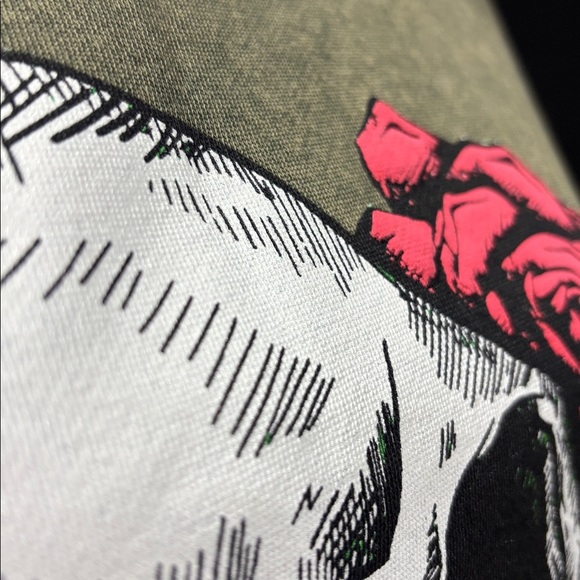 U.S. Vintage Fleece lined pullover sweatshirt, skull & raised roses,washed olive - Picture 2 of 9